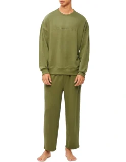 Calvin Klein Embossed Icon Lounge Long Sleeve Sweat Top In Olive