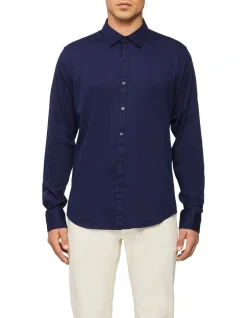 Calvin Klein Nevertuck Long Sleeve Plain Poplin Shirt In Navy