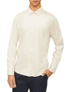 Calvin Klein Nevertuck Long Sleeve Plain Poplin Shirt In Cream