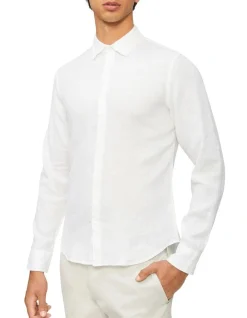 Calvin Klein Nevertuck Long Sleeve Plain Linen Shirt In White