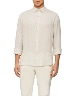 Calvin Klein Nevertuck Long Sleeve Stripe Linen Shirt In Ecru