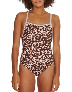 Calvin Klein Square Neck Printed One Piece Swimsuit In Brown