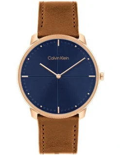 Calvin Klein Iconic Unisex Qtz Watch 25200154 In Brown Leather