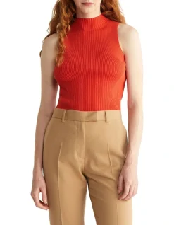 Calvin Klein Iconic Orange Rib Mock Neck Tank In Red