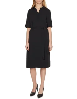 Calvin Klein Travel Crepe V Neck Midi Dress In Black