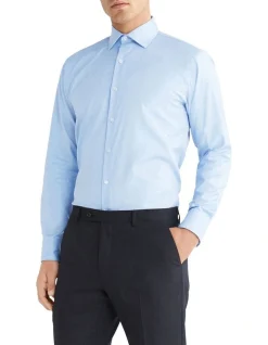 Calvin Klein Slim Long Sleeve 1 Colour Dobby Shirt In Blue