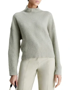 Calvin Klein Textured Slub High Neck Sweater In Grey