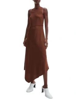 Calvin Klein Recycled Cdc Asymmetric Dress In Brown